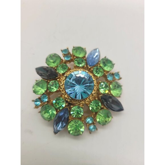 unknown Jewelry - VTG Gold-Tone Rhinestone Flower Brooch Blue & Green Stones Classic Luxury
